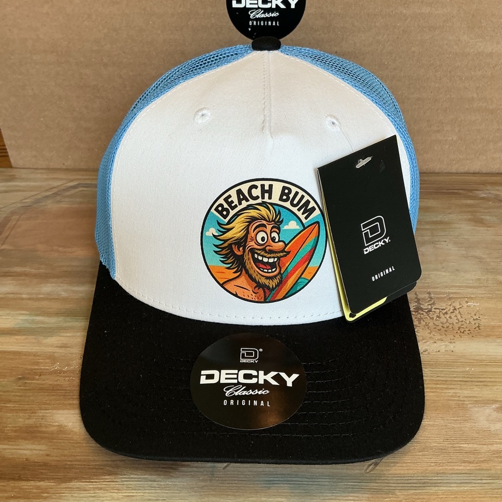 Trucker Hat - custom Beach Bum graphic- black,white, sky - Decky 6030 5 panel